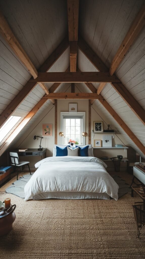 A bright and Comfortable attic bedroom with exposed wooden beams, a bed with white bedding and blue pillows, a desk, and a large window, on a woven rug.