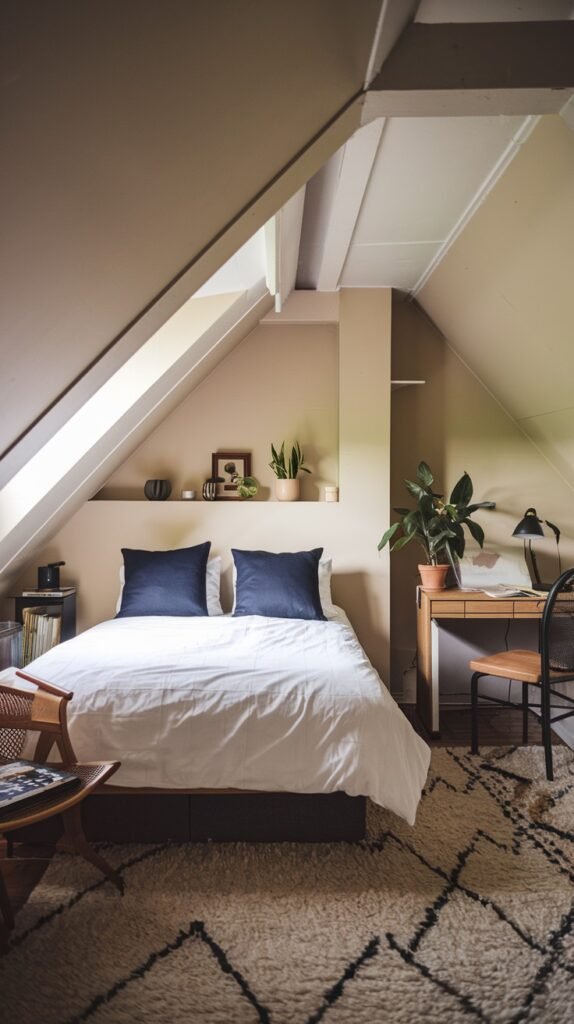 A minimalist and Comfortable attic bedroom with sloped walls, a bed with dark blue pillows, a wooden desk, and a built-in shelf along the lower wall.