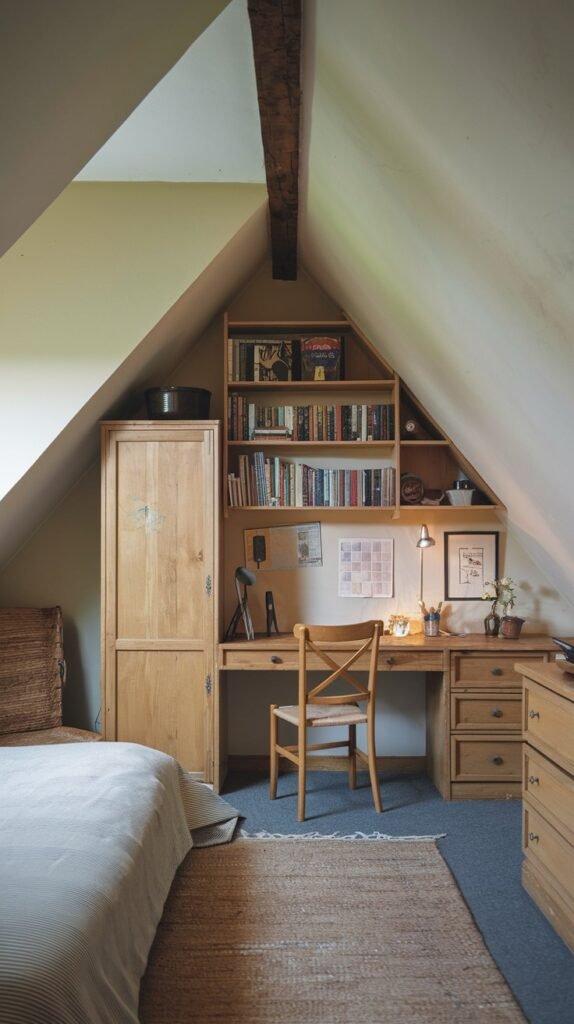 A practical and Comfortable attic bedroom with a sloped ceiling, a bed, a wooden wardrobe, a desk, and a tall bookshelf, all in natural wood finishes.