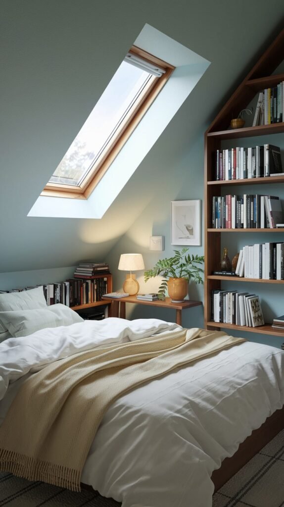 A serene and Comfortable attic bedroom with light blue sloped walls, a prominent skylight, a white bed, and extensive built-in bookshelves along the wall.