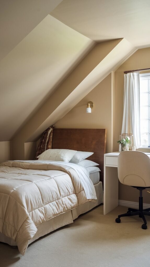 A clean and Comfortable attic bedroom with light beige sloped walls, a bed with a wooden headboard, a white desk by a window, and light-colored curtains.