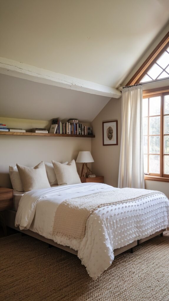 A bright and Comfortable attic bedroom with a sloped ceiling, an exposed wooden beam, a bed with a textured white comforter, a large window, and a floating shelf with books.