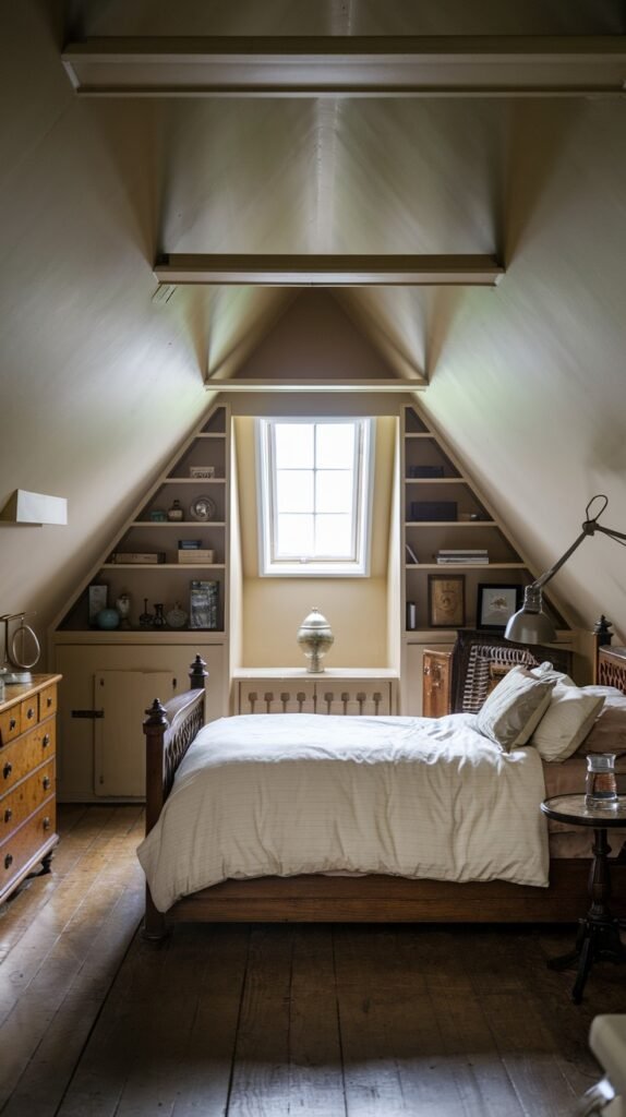 A classic and Comfortable attic bedroom with symmetrically sloped ceilings, a wooden bed frame, traditional wooden furniture, and built-in shelves framing a central window.