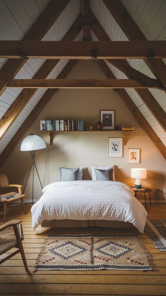 A cozy and Comfortable attic bedroom with prominent exposed wooden beams, a bed with checkered bedding, a low bookshelf, and a patterned rug, creating an inviting space.