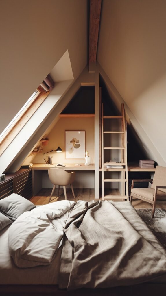 A well-designed and Comfortable attic bedroom with a sloped ceiling, a bed, a functional desk area under a skylight, and a wooden ladder leading to upper storage or a loft.