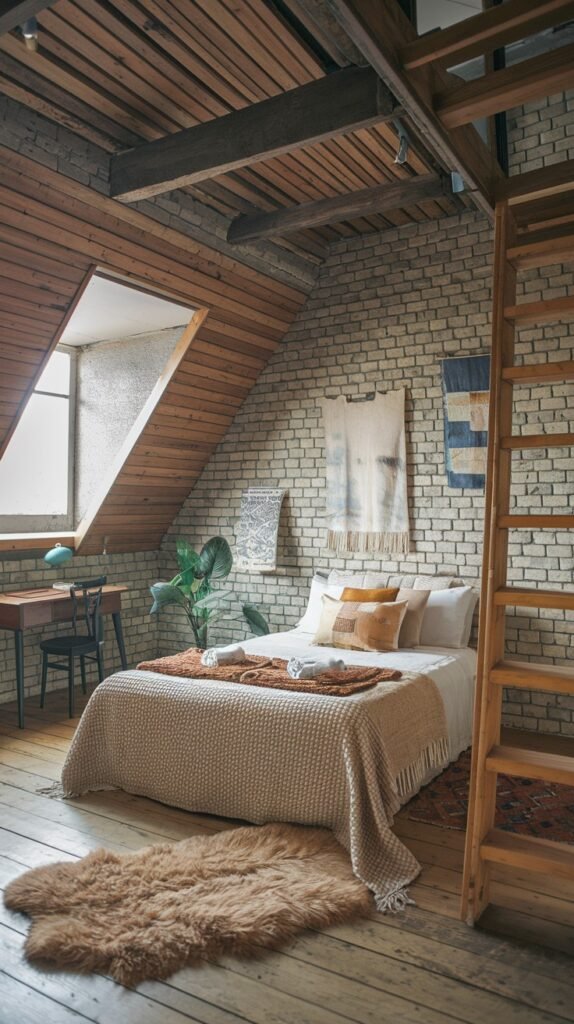 A Comfortable attic bedroom featuring exposed brick walls, wooden beams, a sloped wooden ceiling, and a large window. A bed with a knitted blanket, a desk with a chair, and a wooden ladder leading to an upper level are visible.