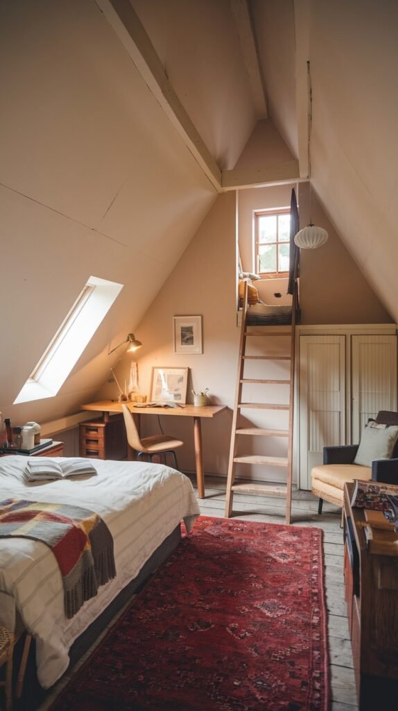 A Comfortable attic bedroom with warm-toned sloped walls, a wooden floor, a bed with a striped blanket, a desk positioned under a skylight, and a wooden ladder.