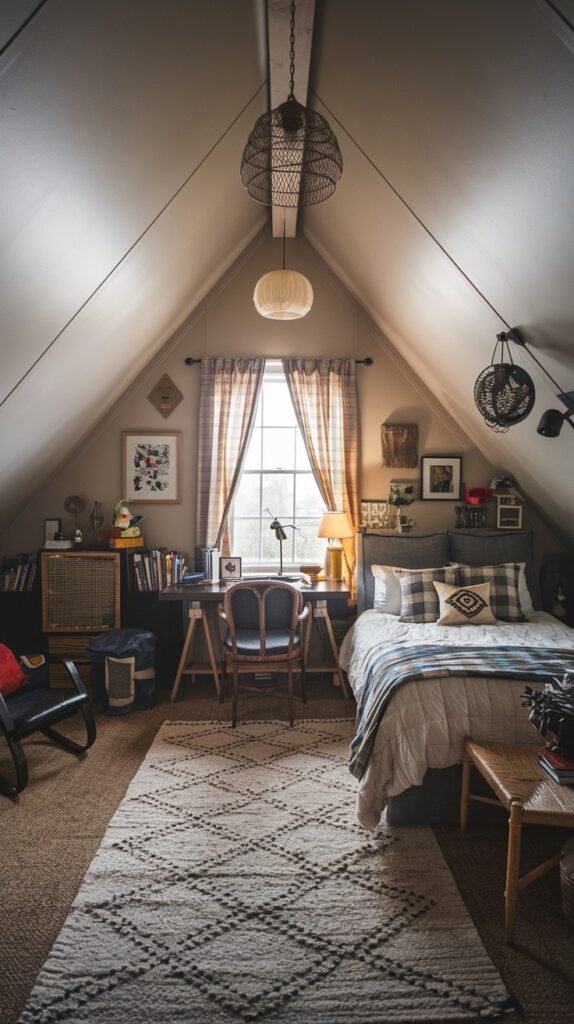 A spacious and Comfortable attic bedroom featuring a large window with patterned curtains, sloped ceilings, a bed with plaid bedding, a desk, and a long patterned rug.