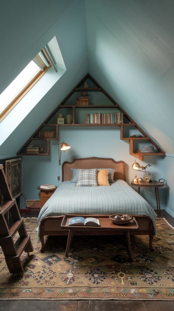 A uniquely designed and Comfortable attic bedroom with light blue sloped walls, a skylight, a bed, and distinctive triangular built-in bookshelves.