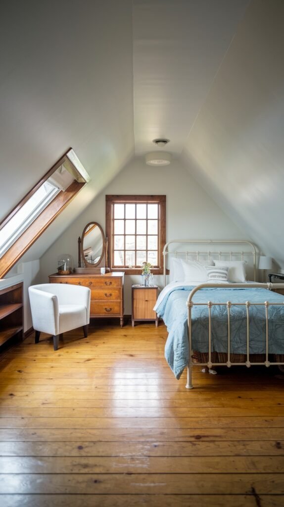A bright and Comfortable attic bedroom with white sloped walls, polished wooden floors, a white metal bed frame, a wooden dresser with a large mirror, and an inviting armchair.
