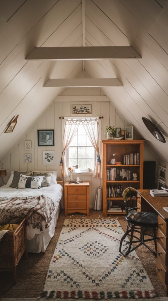 A cozy and Comfortable attic bedroom with white sloped ceilings and exposed beams, a bed, a wooden nightstand, a bookshelf, a desk, and a patterned rug.