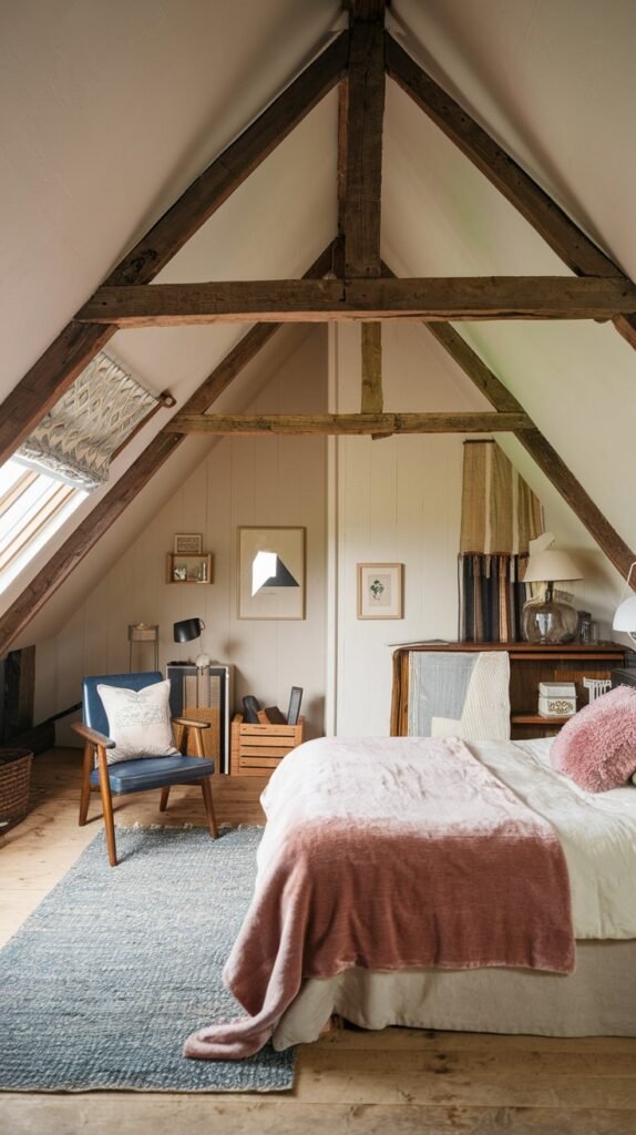 A welcoming and Comfortable attic bedroom with prominent exposed wooden beams, sloped ceilings, a bed with a pink throw blanket, and a stylish blue armchair.