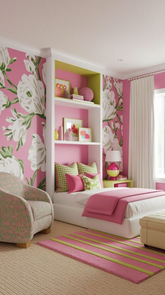 A vibrant, amazing, and comfy bedroom with pink walls covered in large white floral patterns, a low white bed with pink and lime green bedding, and a cozy armchair. A built-in white bookshelf with a bright lime green interior displays decorative items.