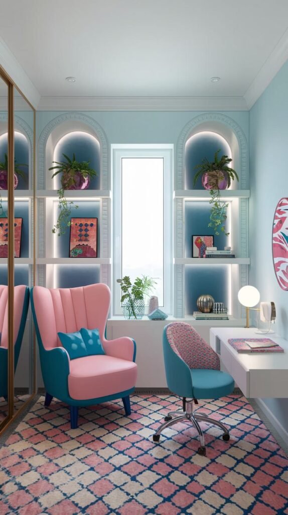 An amazing and comfy light blue room designed for both relaxation and work, featuring a prominent pink and blue armchair, a white desk, and a blue office chair. Built-in shelves with arched illuminated sections display plants and decor, complemented by a patterned rug with pink, blue, and white diamonds.