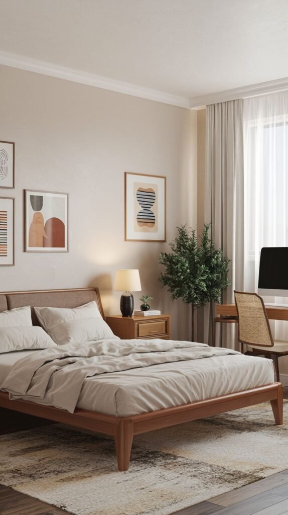 An amazing and comfy bedroom with a natural and modern aesthetic, featuring a wooden bed frame, light beige bedding, and a wooden desk paired with a cane chair. Various abstract art prints in earthy tones adorn the wall, and a large potted plant adds a touch of greenery.