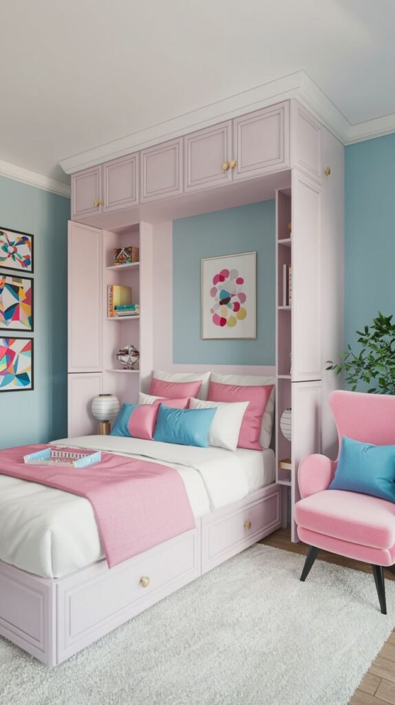 An amazing and comfy and highly functional bedroom featuring a custom light pink built-in bed frame with overhead storage and shelving, set against light blue walls. The bed is adorned with pink and blue pillows, and a pink accent chair adds to the cohesive and colorful design.