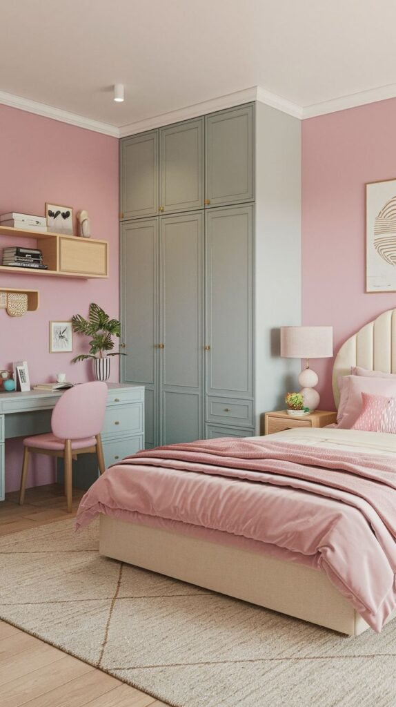 An amazing and comfy bedroom with soft pink walls, a large built-in grey wardrobe, and a white bed with pink bedding. A light blue desk with a pink chair sits beneath wall-mounted shelving, offering a practical and stylish workspace within the room.