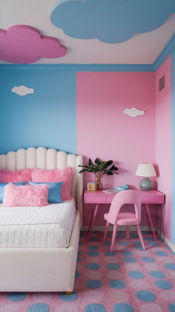 A playful and amazing and comfy bedroom featuring a split wall painted in pink and blue, a white bed with a scalloped pink headboard, and pink furry pillows. The ceiling is creatively adorned with pink and blue cloud shapes, while a pink rug with large blue polka dots covers the floor.