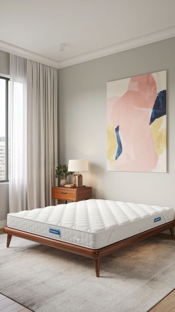 A serene and amazing and comfy minimalist bedroom with light grey walls serving as a backdrop for a large abstract painting with pink, blue, and yellow hues. A wooden bed frame with a pristine white mattress is complemented by a simple wooden nightstand and lamp, creating a calm and inviting space.