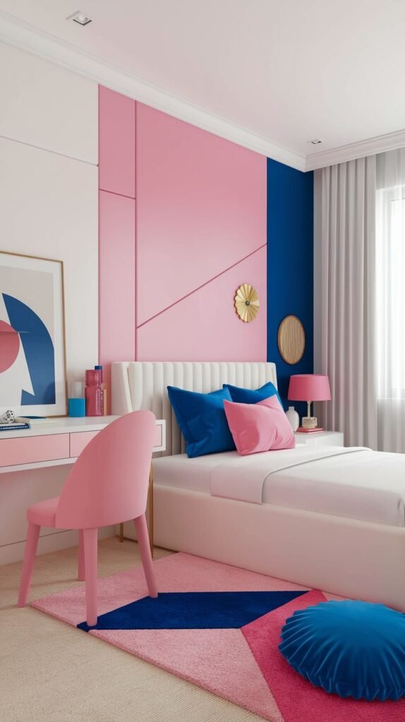 An amazing and comfy contemporary bedroom with a white bed, vibrant pink and blue pillows, and walls featuring striking panels in white, pink, and dark blue. A pink desk with a matching chair is positioned to the left, and a geometric rug with bold pink, blue, and white shapes covers the floor.