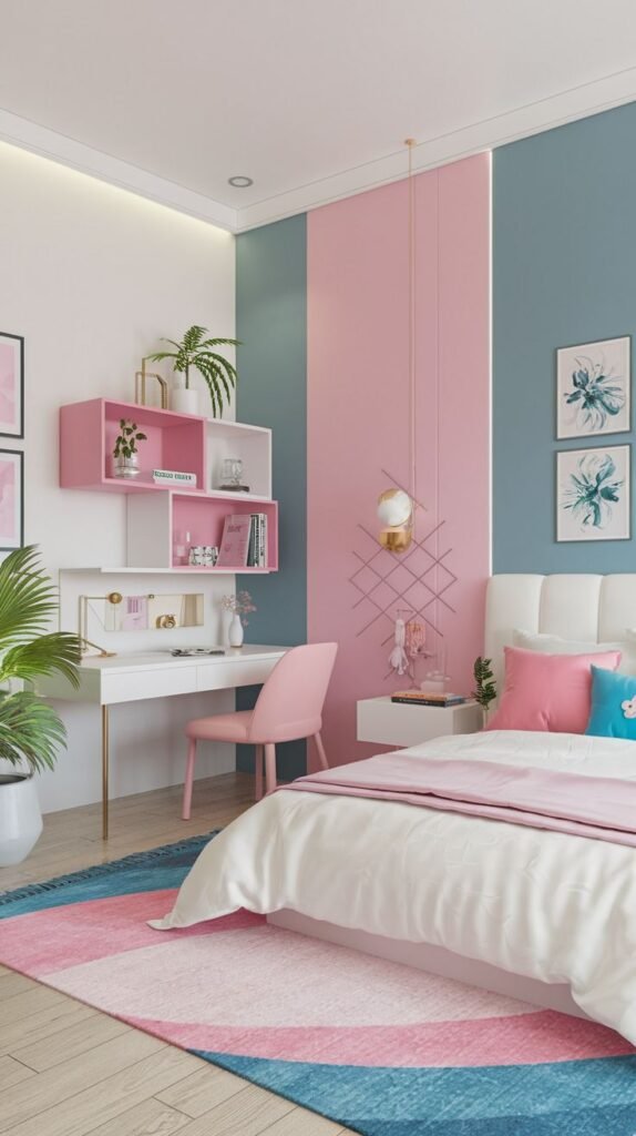 An amazing and comfy bedroom combining soft white, pink, and light blue wall panels, featuring a white bed with pink and blue accents, and a white desk with pink shelving and a pink chair. The room is brightened by a colorful geometric rug and various plants, creating a fresh and functional space.