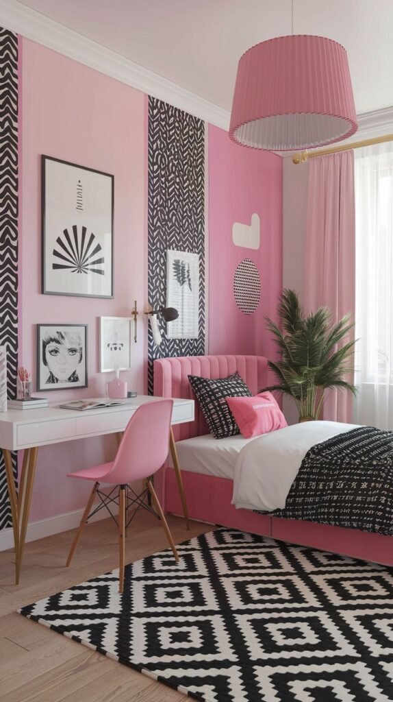 A modern, amazing, and comfy bedroom in pink and black, featuring a pink upholstered bed, a striking black and white geometric rug, and a white desk with a pink chair. Black and white abstract art hangs on the pink walls, and a large pink pleated pendant light illuminates the room.