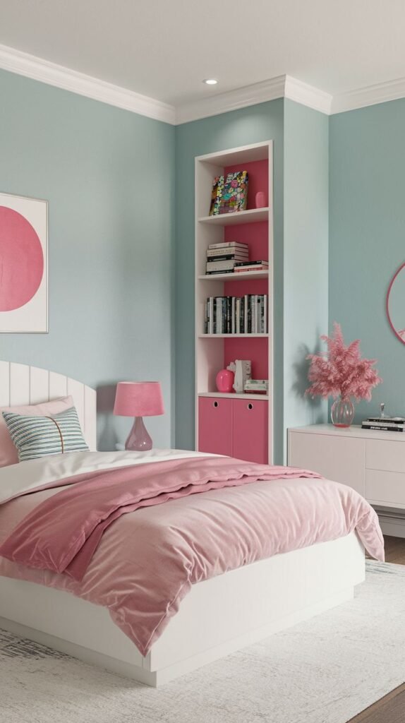 An amazing and comfy bedroom with soothing light blue walls, a white bed with soft pink bedding, and a built-in white bookshelf featuring a pink back panel. A pink lamp sits on the nightstand, and a pink circular mirror adds a decorative touch, completing this fresh and feminine room.