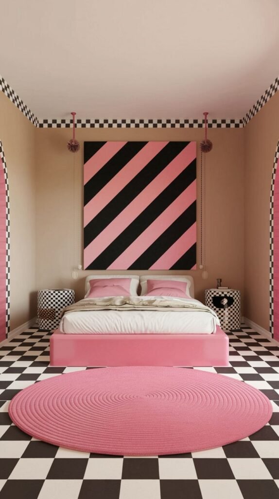 A dramatically amazing and comfy bedroom with pink walls, a large black and pink striped artwork above the bed, and a bold black and white checkerboard floor. A circular pink braided rug provides a soft contrast, and the pink bed frame is complemented by matching checkerboard nightstands.