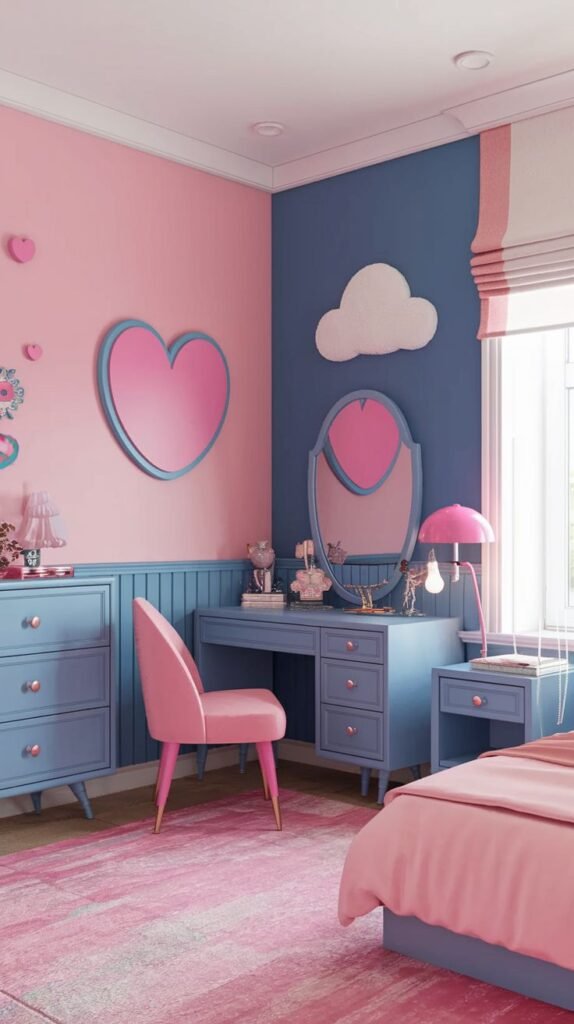 An amazing and comfy and playfully designed pink and blue bedroom, featuring a large pink heart-shaped mirror on the pink wall and a blue dresser and vanity set. A pink chair is placed at the vanity, and a pink lamp illuminates the nightstand, all set on a patterned pink rug.