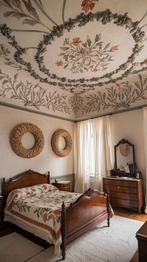 An amazing and comfy traditional bedroom featuring a dark wood bed with a patterned quilt, a matching dresser and mirror, and a beautifully decorated ceiling with intricate floral motifs and relief work. Two large woven wreaths adorn the wall.