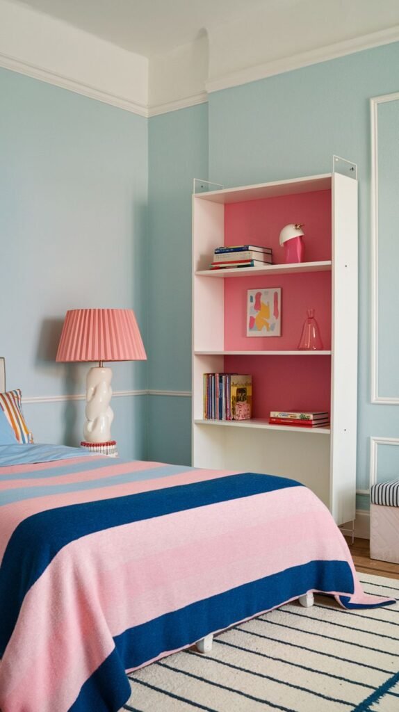 An amazing and comfy bedroom designed in light blue and pink, showcasing a bed draped with a pink and dark blue striped blanket, alongside a white bookshelf with a vibrant pink interior. A unique pink pleated lamp with a sculptural white base sits on a nightstand, complementing the striped rug.