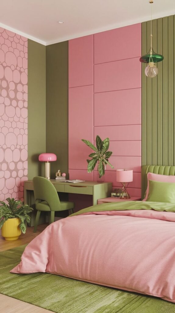 An amazing and comfy bedroom creatively combining pink and olive green hues, featuring a pink bed with matching bedding, an olive green desk with a pink lamp, and an olive green accent wall. One wall is adorned with a pink patterned wallpaper, creating a unique and inviting atmosphere.