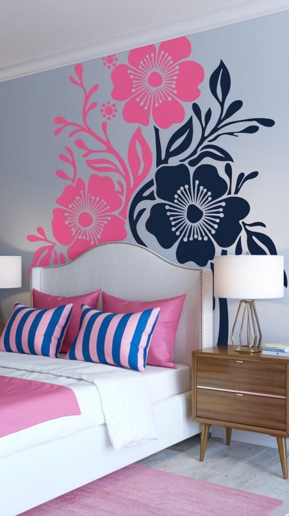 An amazing and comfy bedroom with a clean white upholstered headboard and a mix of pink and blue striped pillows. The grey wall behind the bed is decorated with prominent pink and dark blue floral wall decals, enhancing the room's elegant and floral theme.