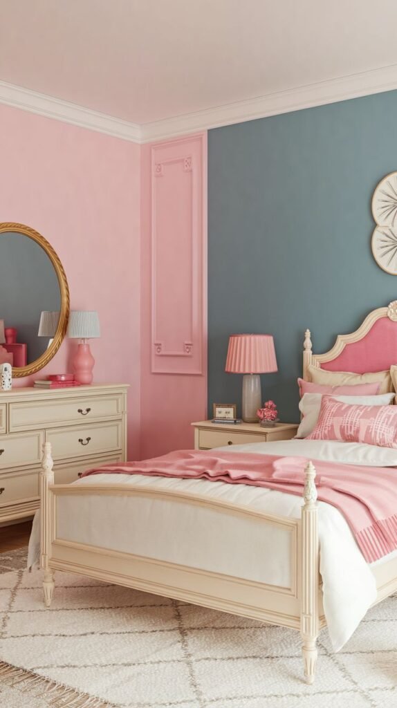 An amazing and comfy bedroom with a classic white four-poster style bed dressed in pink bedding, alongside a cream dresser topped with a round mirror. The walls are distinctly painted in soft pink and teal, and a plush white rug adds texture to the floor.