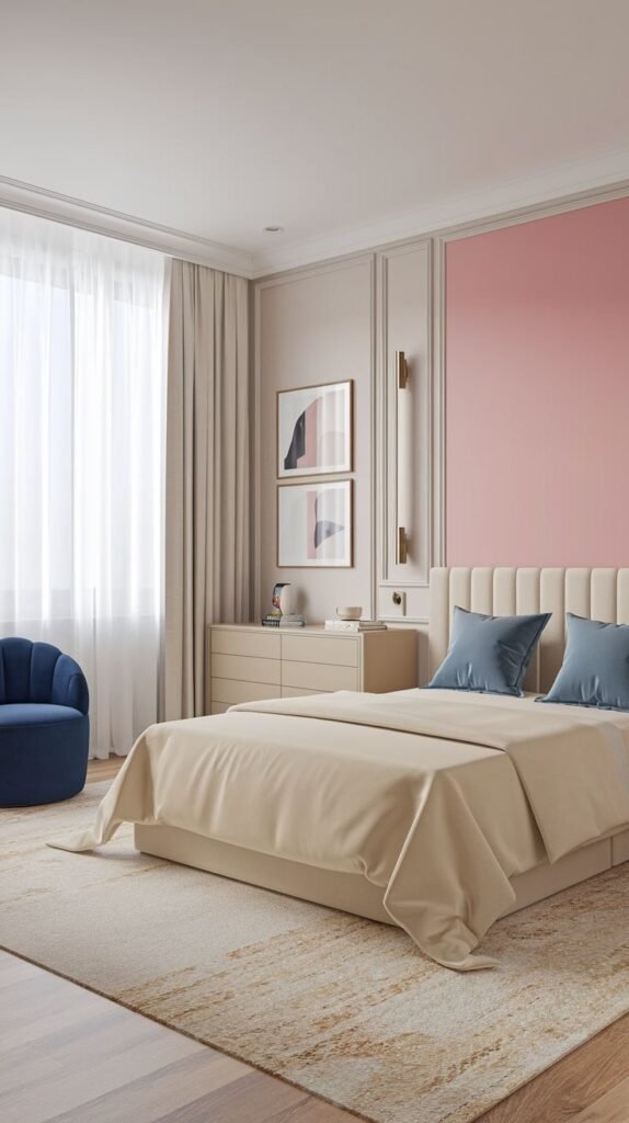 An amazing and comfy modern bedroom featuring a neutral-toned bed, a dark blue accent chair, and a striking feature wall with a large pink panel and elegant gold wall sconces. The room's calm color palette and stylish decor create a serene and inviting atmosphere.