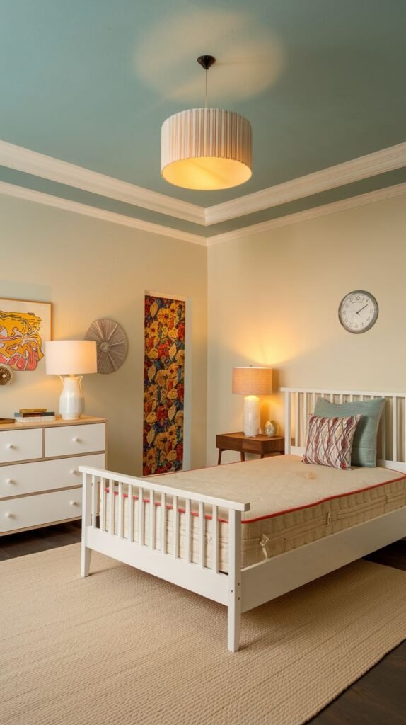 An amazing and comfy single bedroom with a white wooden bed frame, a white dresser, and a wooden nightstand with lamps. The light beige walls contrast with the light teal blue ceiling, from which a large drum pendant light hangs, creating a serene and inviting space.