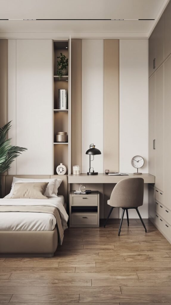 A Contemporary Single bedroom with a bed with beige bedding, an integrated white and beige striped wall unit with shelving, and a matching desk with a beige chair. The room has light wood flooring and a minimalist aesthetic.