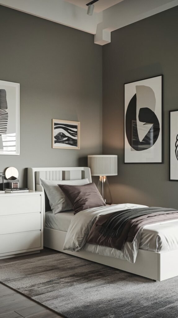 A moody Contemporary Single bedroom with dark grey walls adorned with large abstract art, a white bed with a slatted headboard, and a white dresser. The room features a grey striped rug and a soft lamp, offering a sophisticated and tranquil ambiance.
