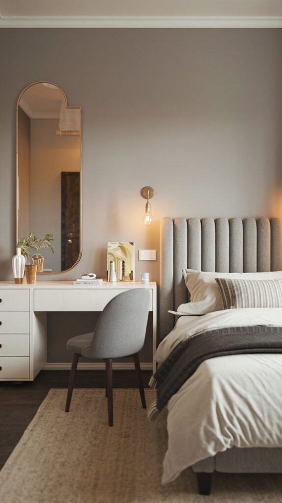 A Contemporary Single bedroom with a bed featuring a grey ribbed upholstered headboard, a white desk with a grey chair, and a large arched mirror. The room has light grey walls and a beige rug, creating an elegant and functional space.