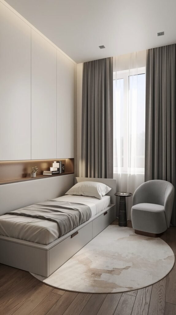 A Contemporary Single bedroom with a built-in bed frame and under-bed storage, integrated wall shelving with lighting, and a grey accent chair with a small side table. The room has light walls, dark grey curtains, and a round abstract rug, showcasing efficient design.