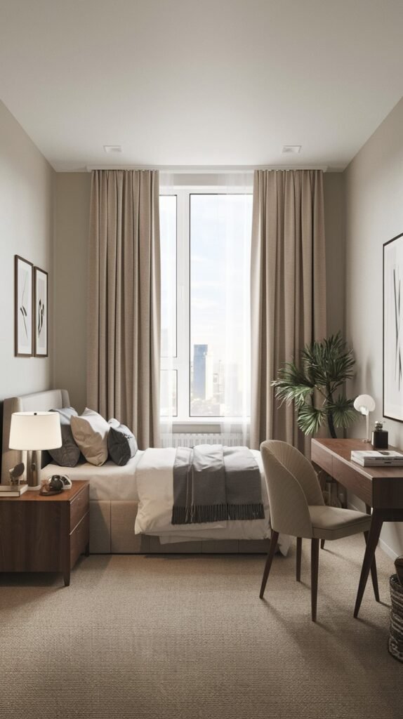 A warm Contemporary Single bedroom with a beige upholstered bed, a dark wood nightstand with a lamp, and a matching wooden desk with a beige chair. The room features large windows with beige curtains, a beige carpet, and a large plant, providing a comfortable and inviting atmosphere.