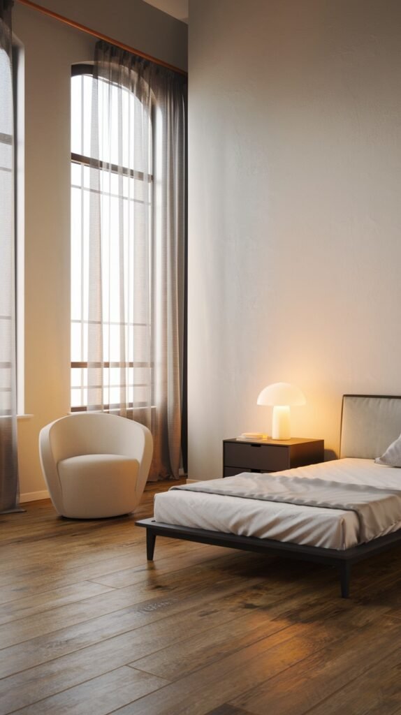 A Contemporary Single bedroom with a minimalist dark bed frame, a black nightstand with a modern mushroom lamp, and a white armchair. The room has tall arched windows with dark sheer curtains and wood flooring, blending classic architecture with modern design.