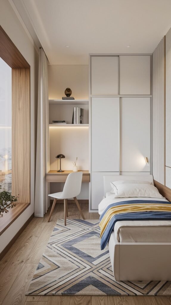 A bright Contemporary Single bedroom with a bed, integrated white shelving with backlighting, a white desk with a white chair, and white sliding wardrobe doors. A large window with wooden framing and a colorful geometric rug complete the modern, airy design.