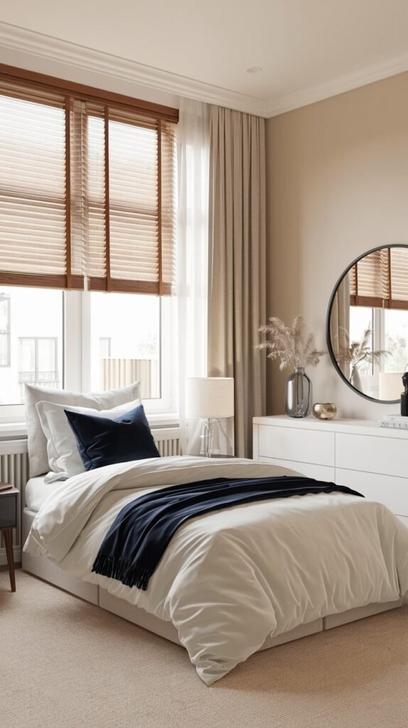 A Contemporary Single bedroom with a bed featuring a dark blue throw and pillow, a white dresser with a round black mirror, and a small side table. Wooden blinds and sheer curtains cover the large window, and the room has light beige walls and a beige carpet, creating a serene space.