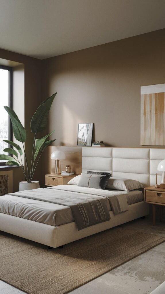 A warm Contemporary Single bedroom with a large upholstered headboard, two wooden nightstands with lamps, and a large plant. The room features a brown accent wall with abstract art and a large window, complemented by a textured brown rug, providing an earthy and sophisticated feel.
