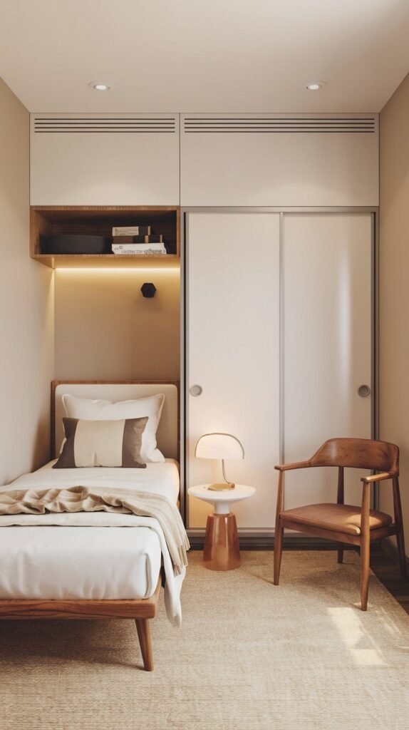 A compact Contemporary Single bedroom with a wooden bed frame, a built-in wardrobe with sliding doors, and a niche with shelving and warm lighting. A modern white table lamp and a wooden chair complete this efficient and stylish space.