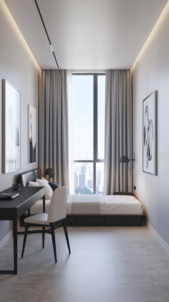 A Contemporary Single bedroom with a low-profile black bed frame, a black desk with a white chair, and floor-to-ceiling windows with grey curtains offering a city view. The room features light grey walls and a concrete-look floor, reflecting a sleek, modern design.