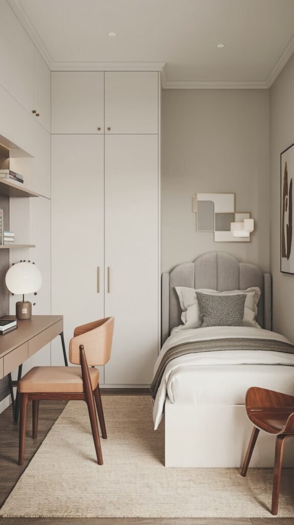 A Contemporary Single bedroom with a bed featuring a grey upholstered headboard, a built-in white wardrobe, and a wooden desk with a peach-toned chair. The room has light grey walls and a light rug, offering a clean and organized aesthetic.