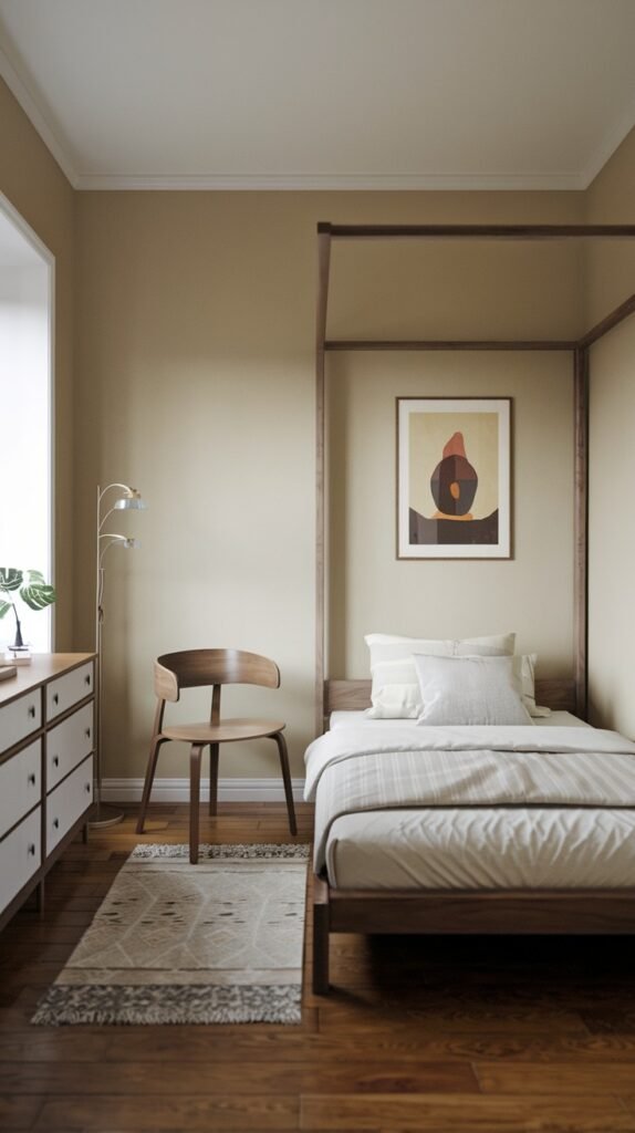 A Contemporary Single bedroom with a wooden four-poster bed frame, a white dresser, and a wooden chair. A large window provides natural light, and the room features a light rug and wooden flooring, creating a simple yet elegant design.