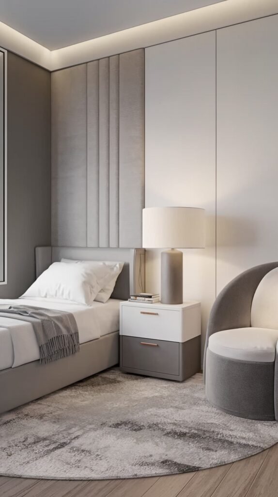 A luxurious Contemporary Single bedroom with a grey upholstered bed and headboard, a two-tone nightstand, and a round grey accent chair. The room features cove lighting along the wall and ceiling, a large abstract round rug, and a mix of grey and white tones, creating a sophisticated ambiance.